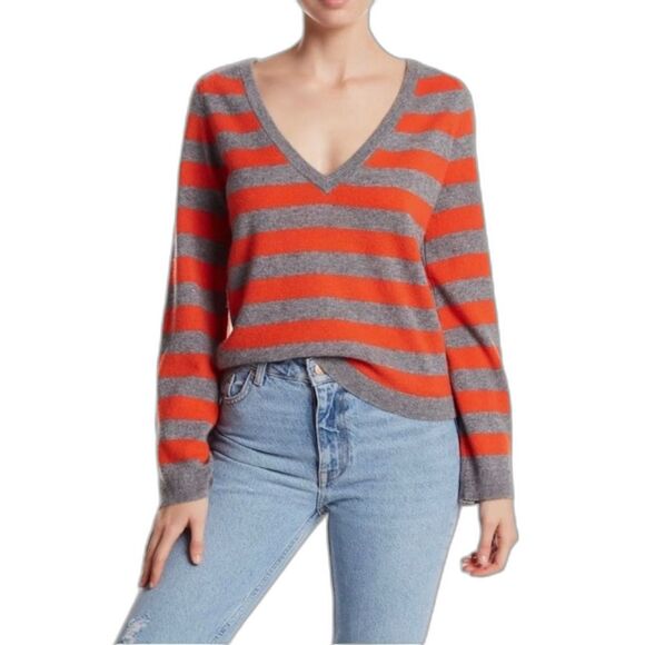 Equipment Baxley Sweater in Grey & Orange Striped Cashmere Size M Flared Sleeve - Picture 1 of 12